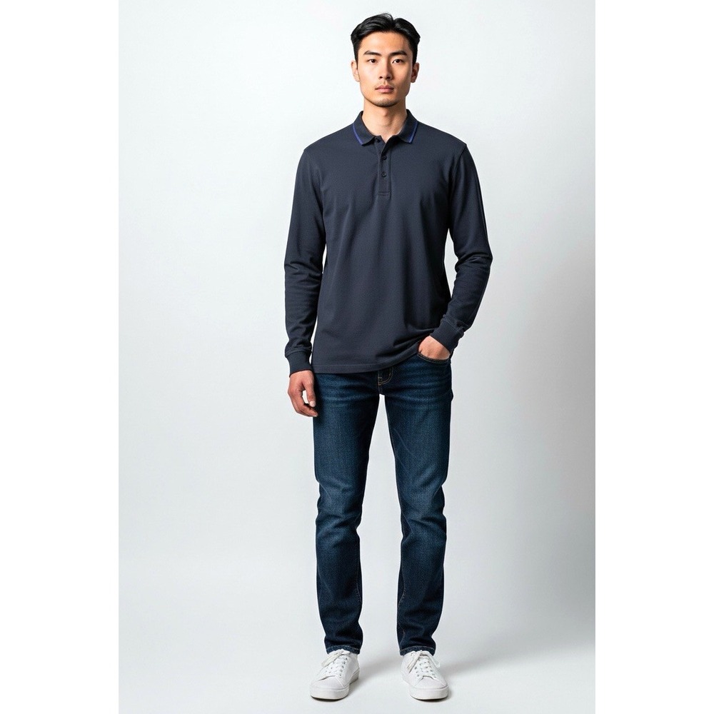 Superdry Idris Elba Mens Navy Long Sleeve Polo Shirt Cotton Knit M11000XN L